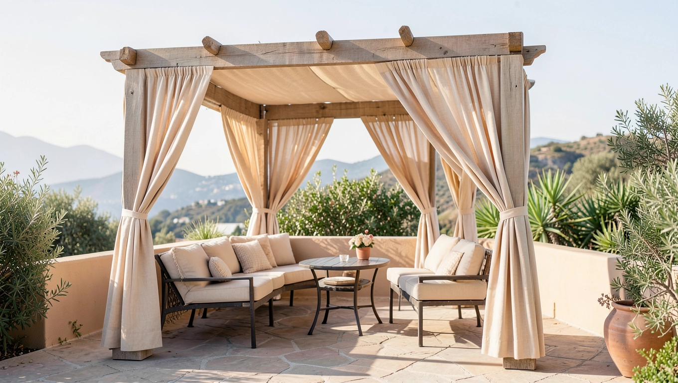 Beżowa pergola tarasowa z zasłonami La Palma 3x4 Garden Point