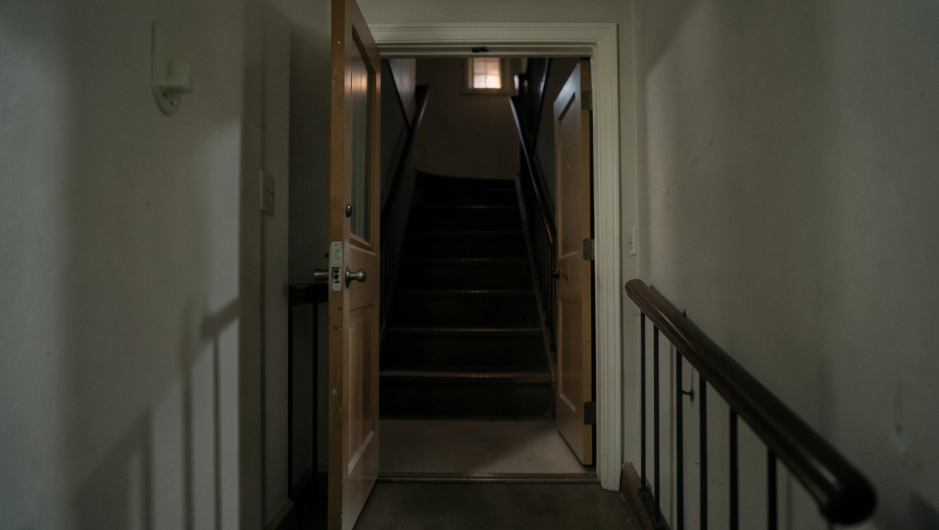 Chory i otwarte drzwi do klatki schodowej