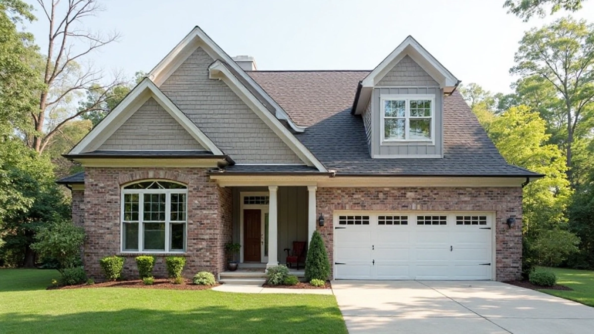 dom z dachem dwuspadowym i garażem dwustanowiskowym