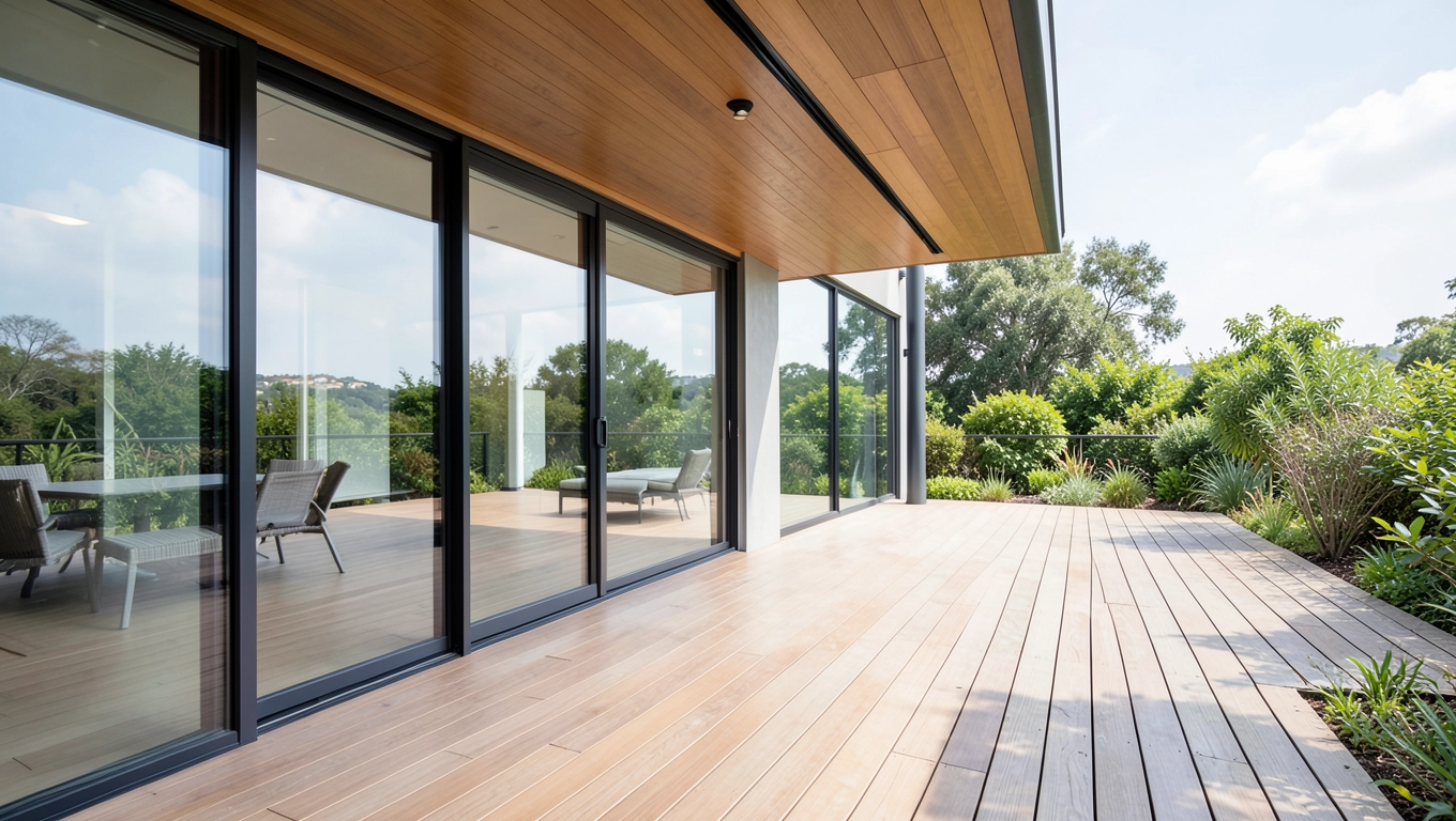 Dom z dużymi oknami i tarasem