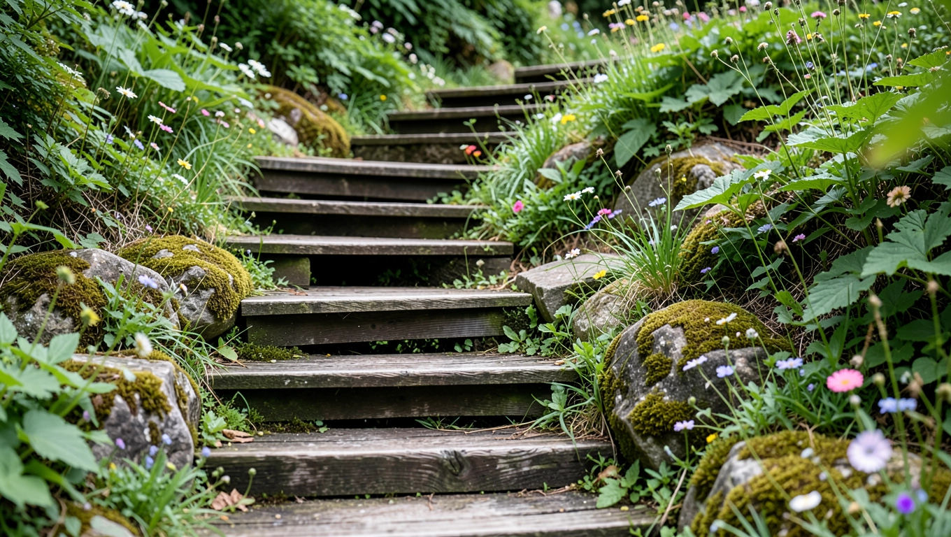 drewniane schody w ogrodzie