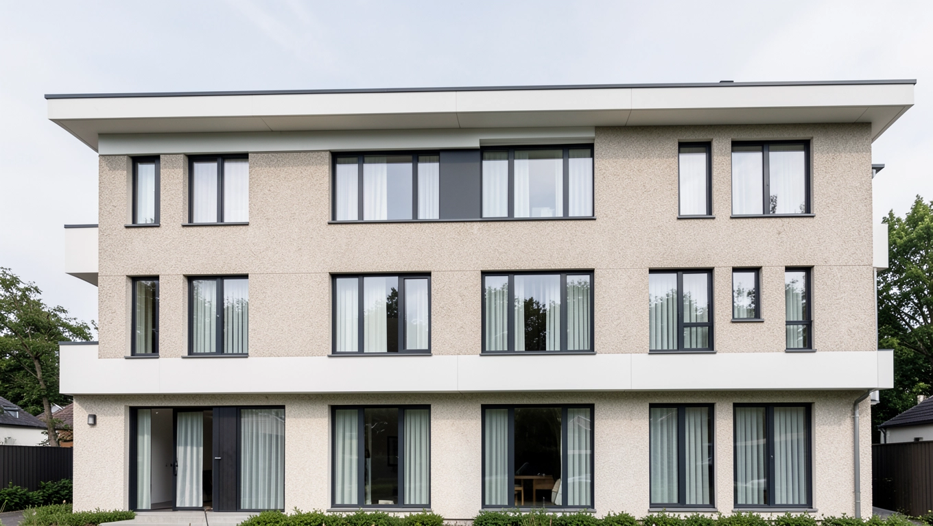 Elewacje domów piętrowych z płaskim dachem