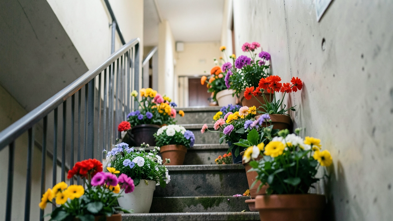 Kwiaty na klatce schodowej w bloku
