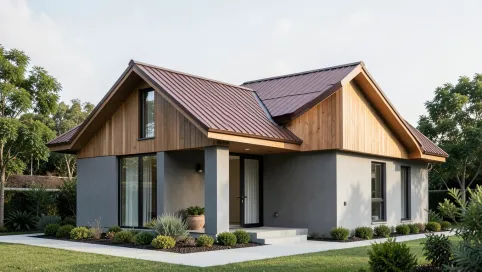 Dom z brązowym dachem i szarą elewacja