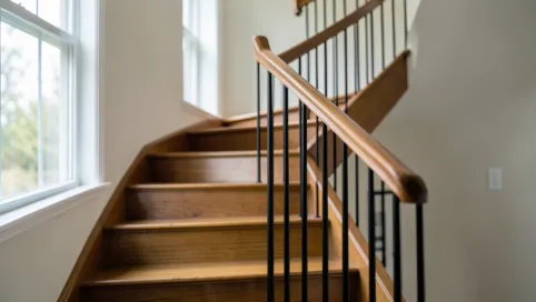 Schody drewniane z czarnymi tralkami