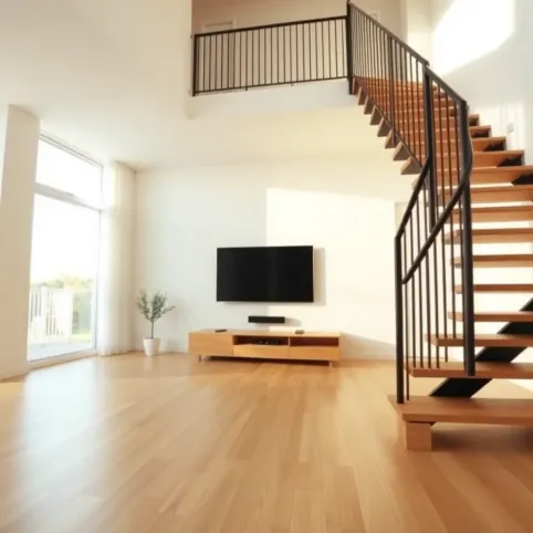 Schody w salonie nad telewizorem