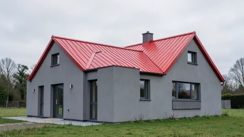 Szary dom z czerwonym dachem