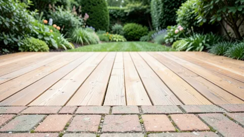 Taras drewniany na kostce brukowej