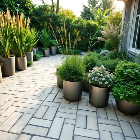 Taras z kostki brukowej z donicami