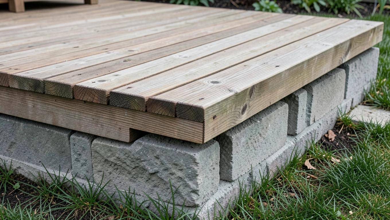 Taras drewniany na bloczkach fundamentowych