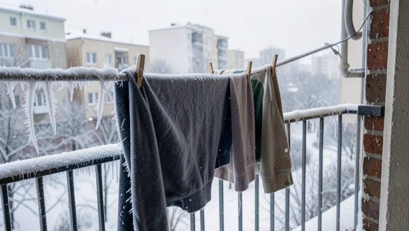 Suszenie prania na balkonie zimą